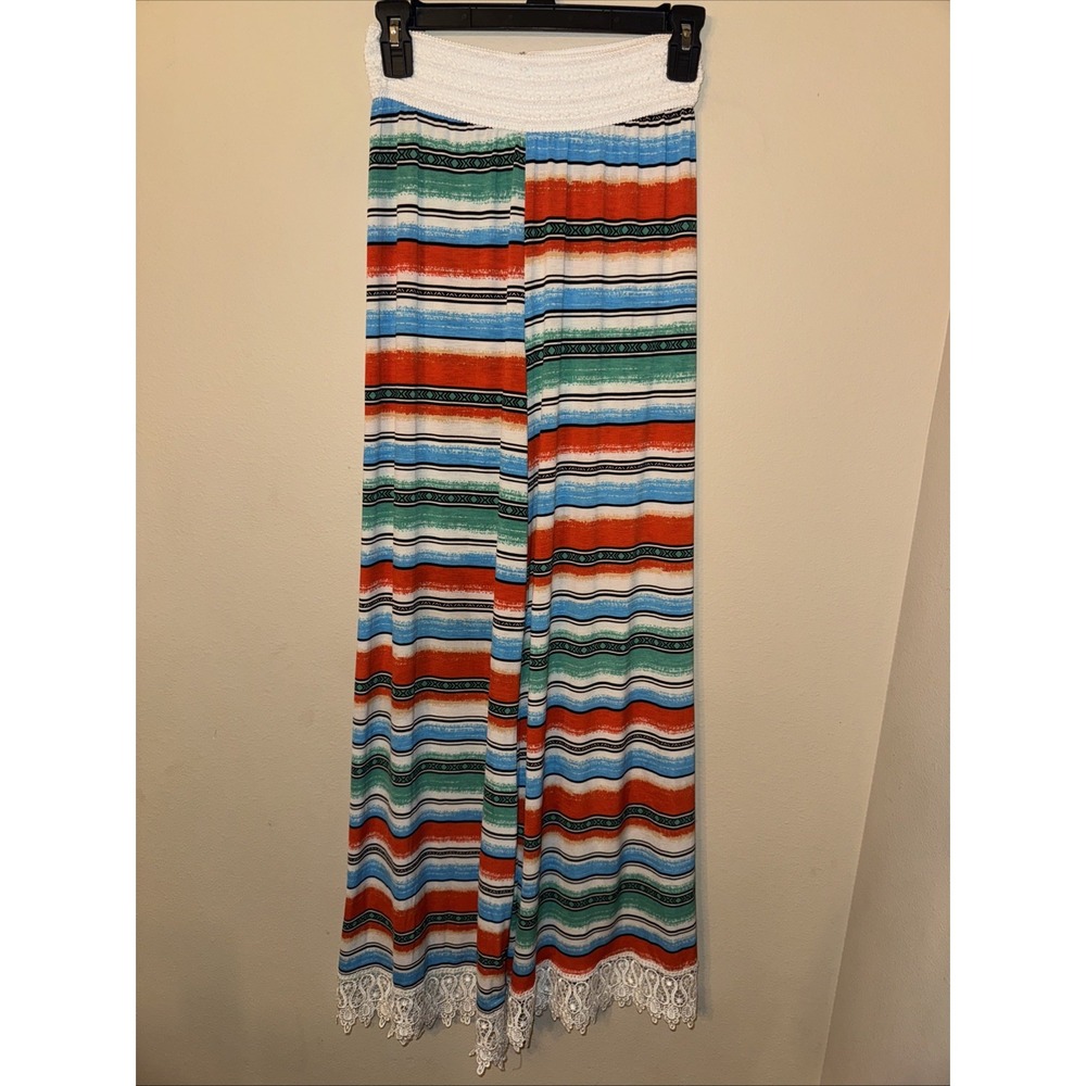 L&B Multi-Color Striped Southwestern Wide Leg Palazzo Pants with Lace Trim S